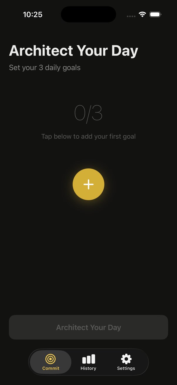 Commit screen — three blank goal fields ready to fill