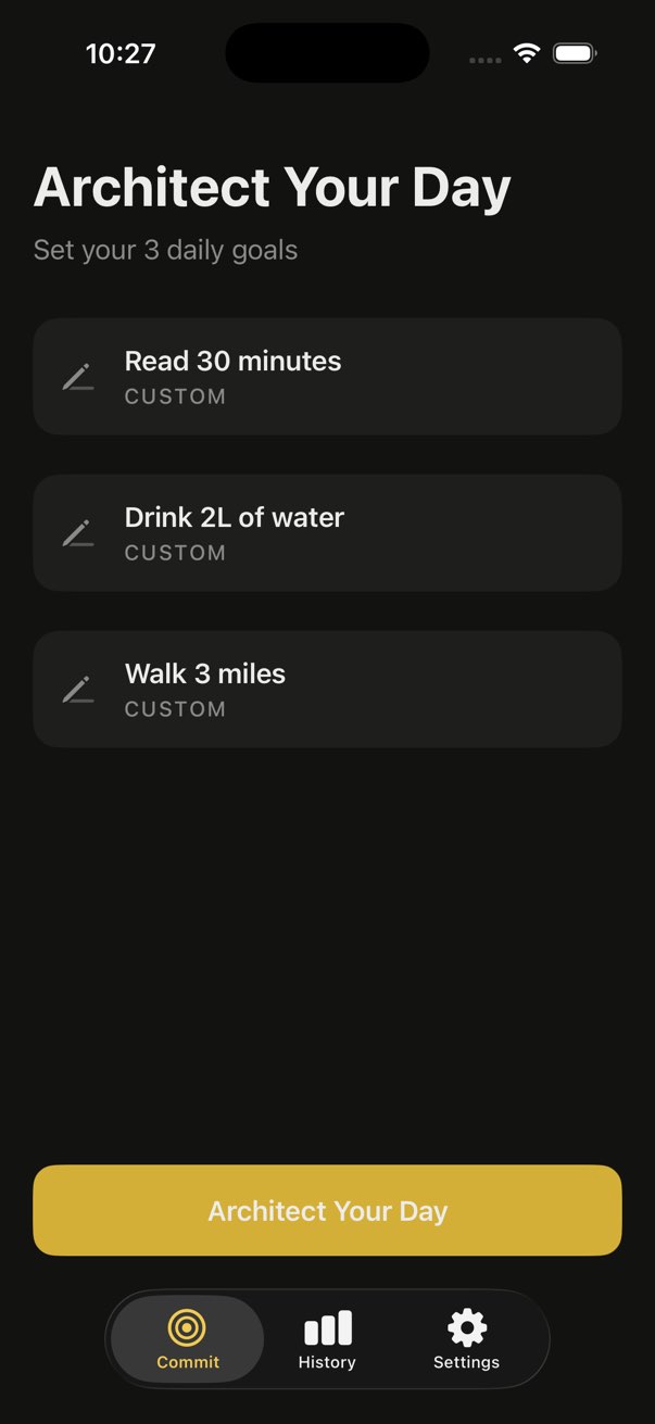 Commit screen — three goals entered, amber confirm button active