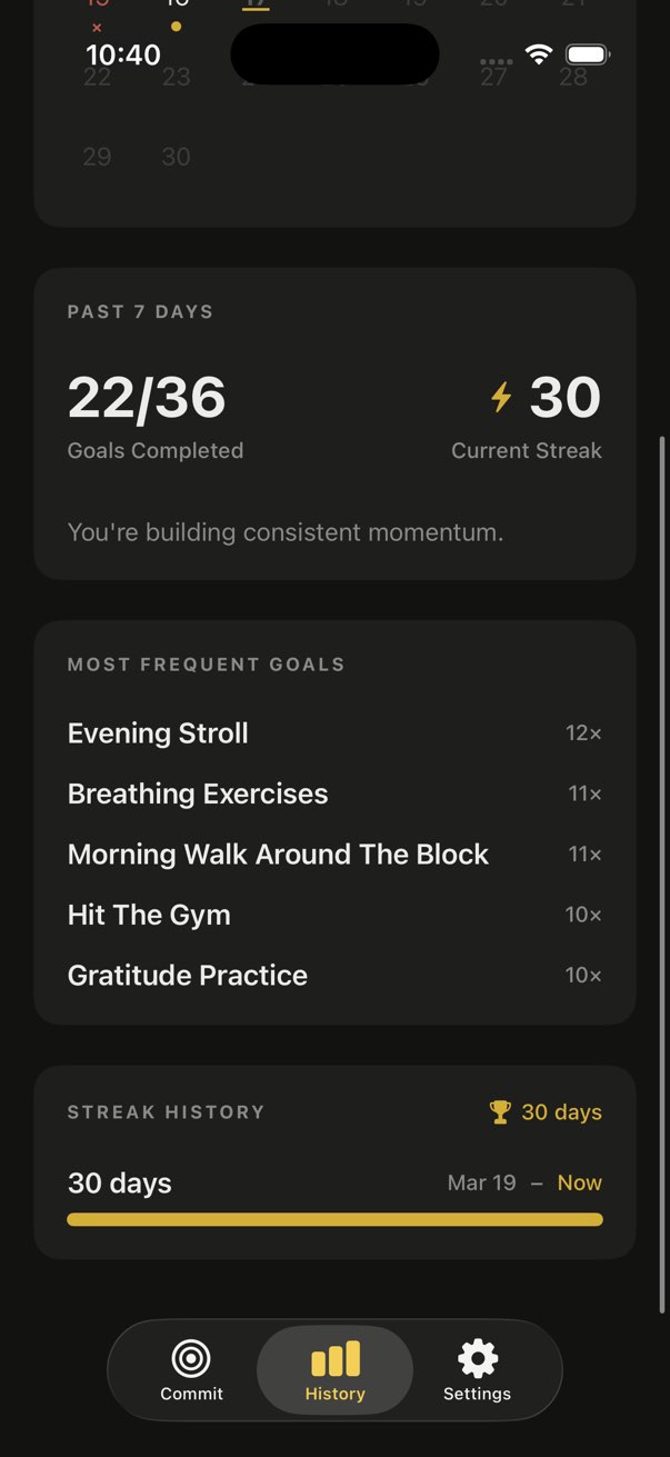 History screen — calendar showing streak with completed days